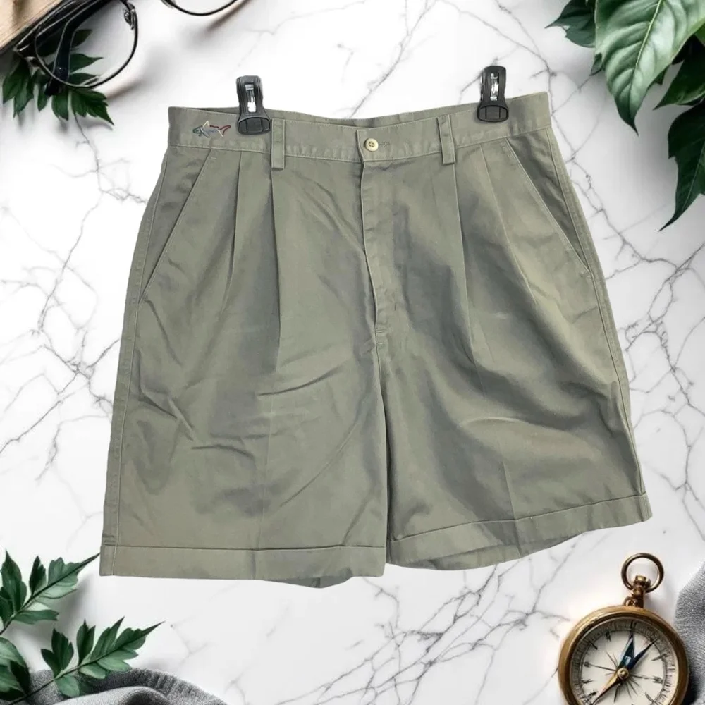 Greg Norman Khaki Cuffed Shorts w Stitched Fish on Front Waist Men Size 34